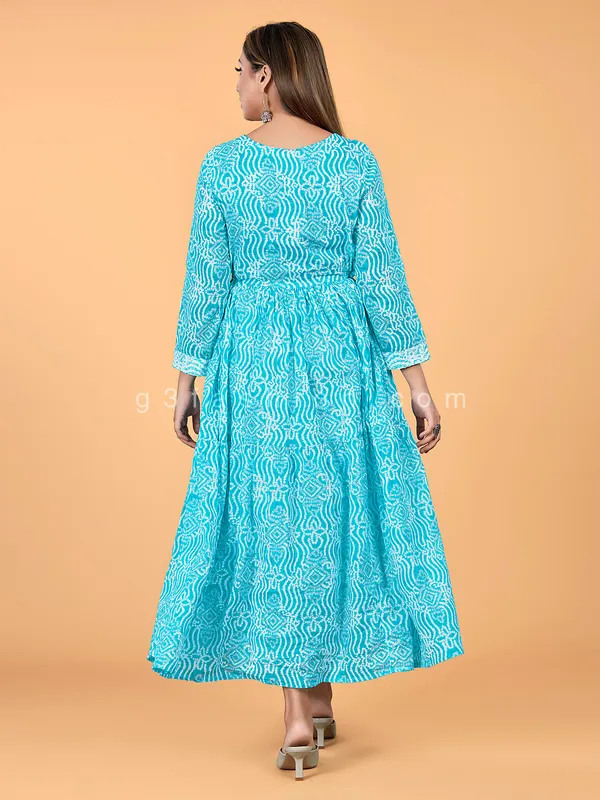 Printed anarkali style aqua cotton kurti
