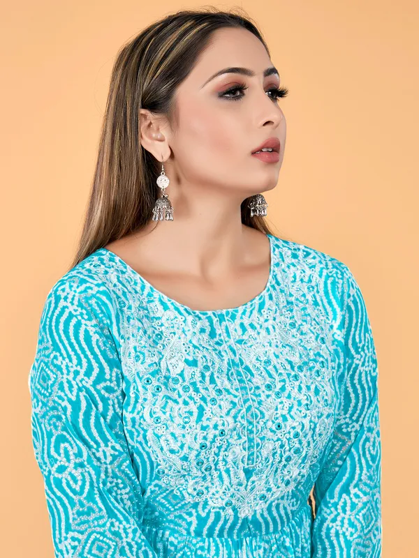 Printed anarkali style aqua cotton kurti