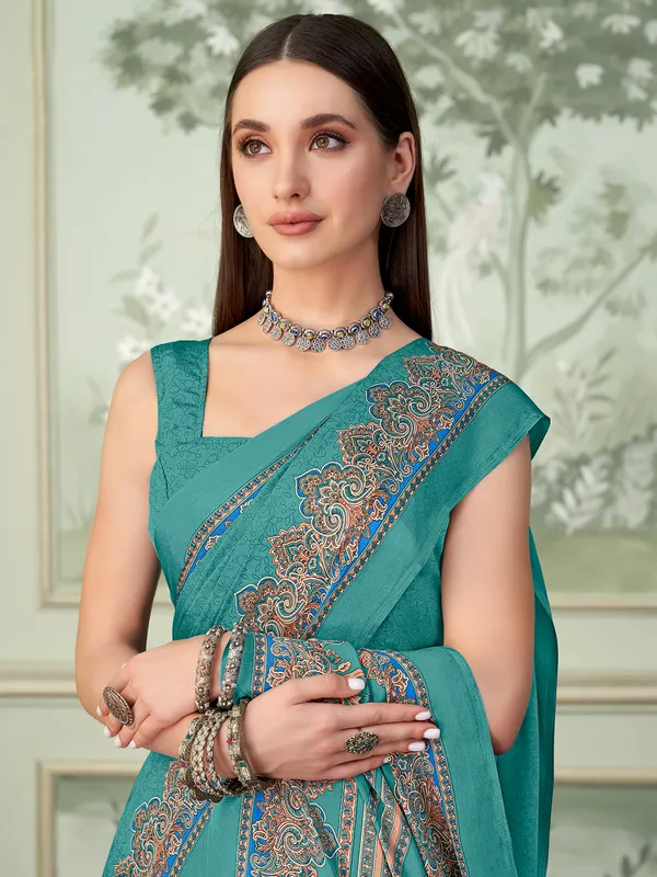 Printed aqua crepe saree