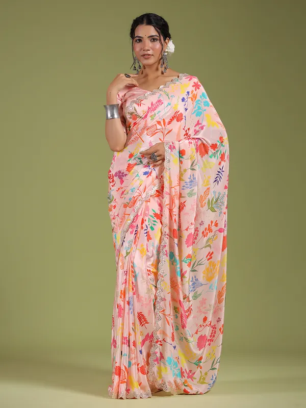 Printed baby pink muslin silk saree