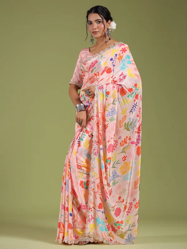 Printed baby pink muslin silk saree