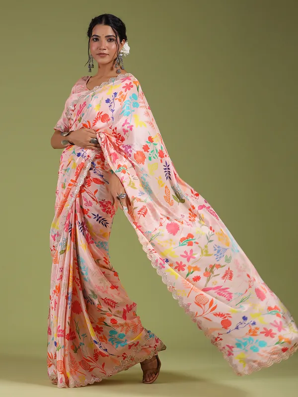 Printed baby pink muslin silk saree