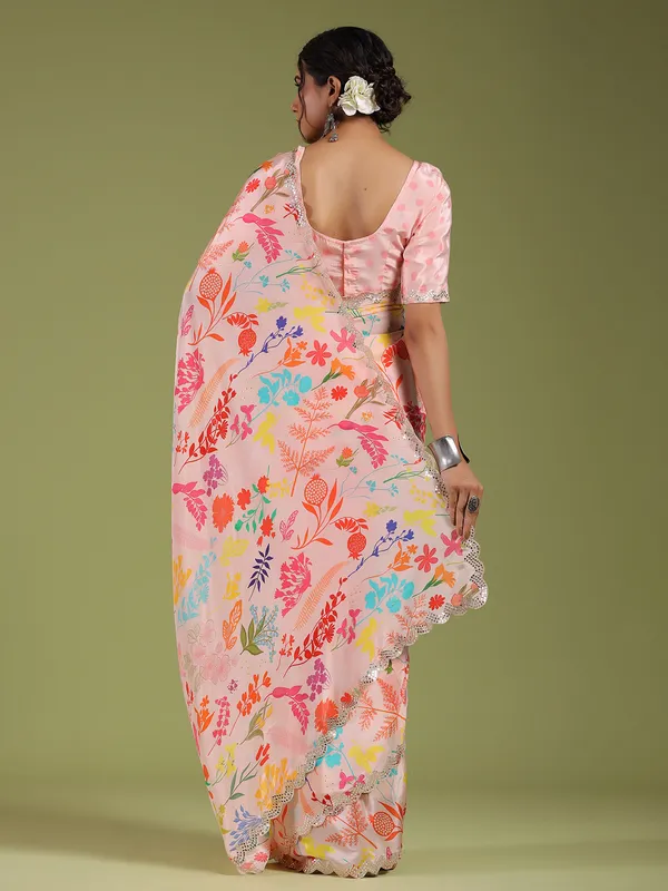 Printed baby pink muslin silk saree