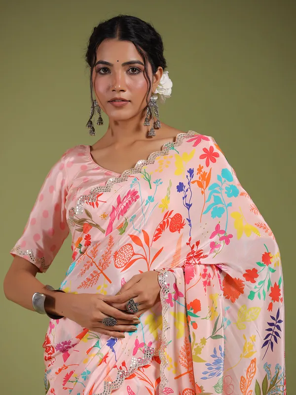 Printed baby pink muslin silk saree