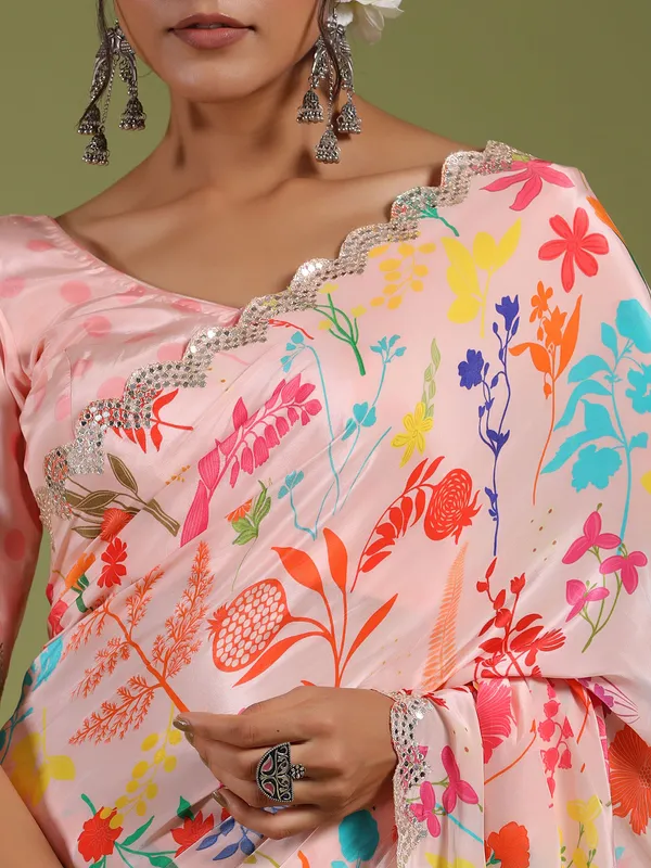 Printed baby pink muslin silk saree
