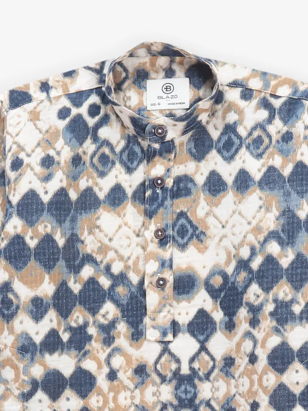 Printed beige and blue cotton kurta style shirt