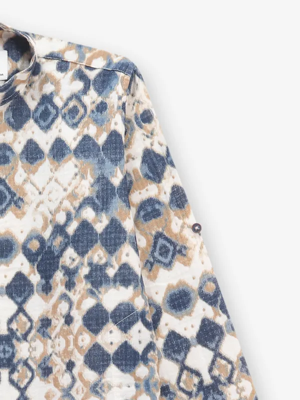 Printed beige and blue cotton kurta style shirt