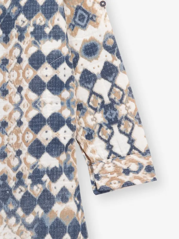 Printed beige and blue cotton kurta style shirt