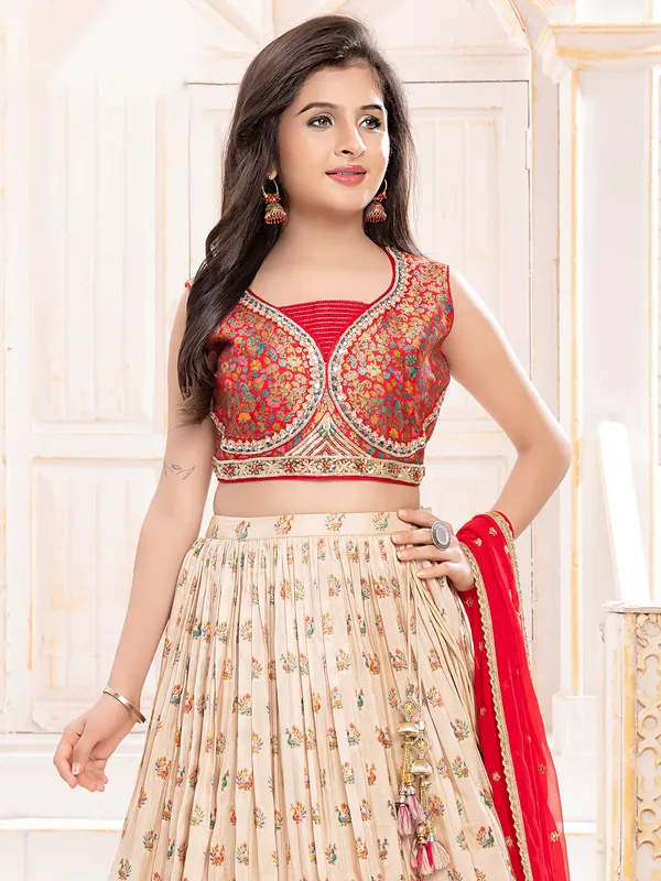 Printed beige and red silk lehenga choli