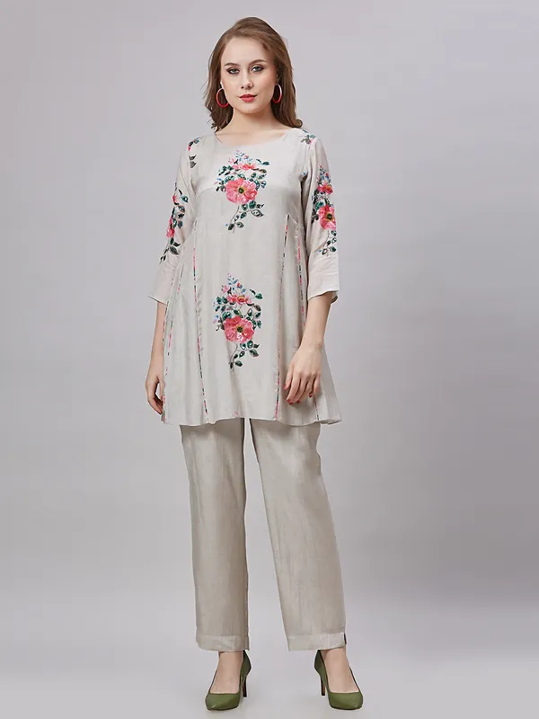 Printed beige co ord set in silk