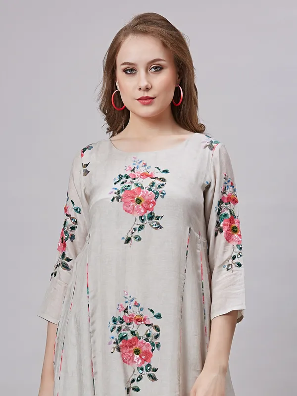 Printed beige co ord set in silk
