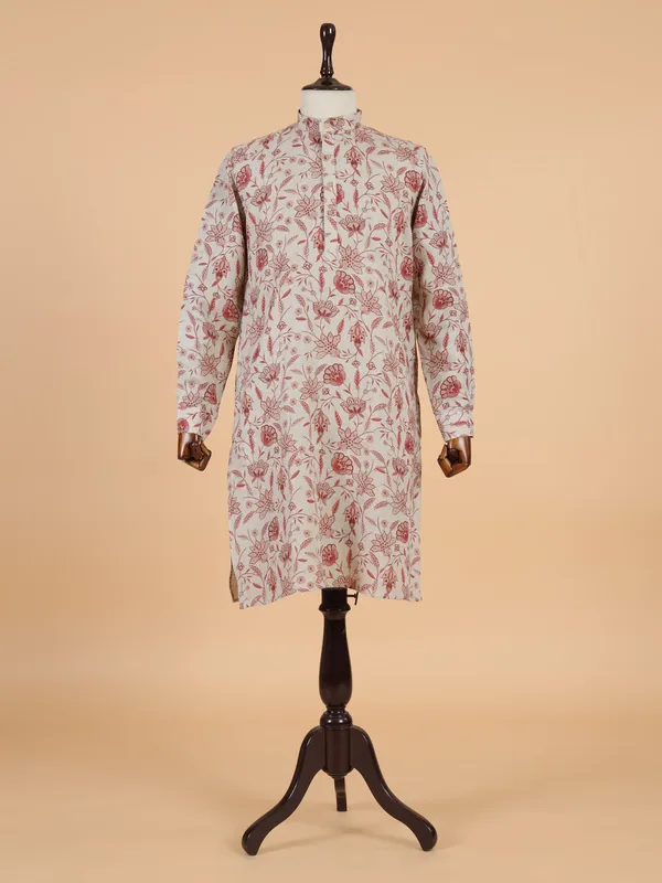 Printed beige cotton kurta set for men