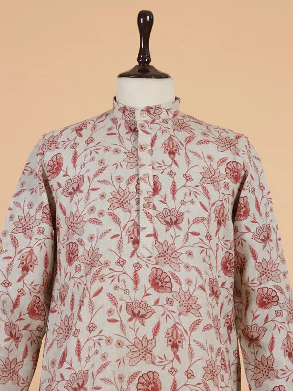 Printed beige cotton kurta set for men
