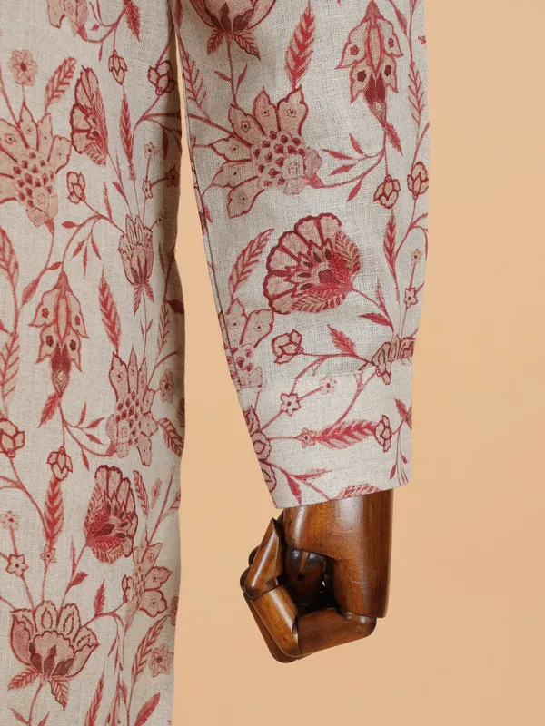 Printed beige cotton kurta set for men