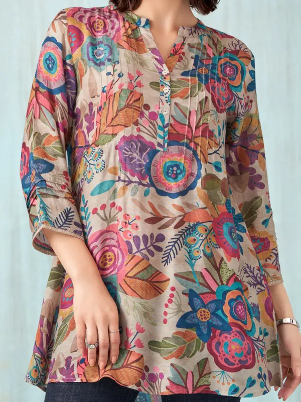 Printed beige cotton silk top for women