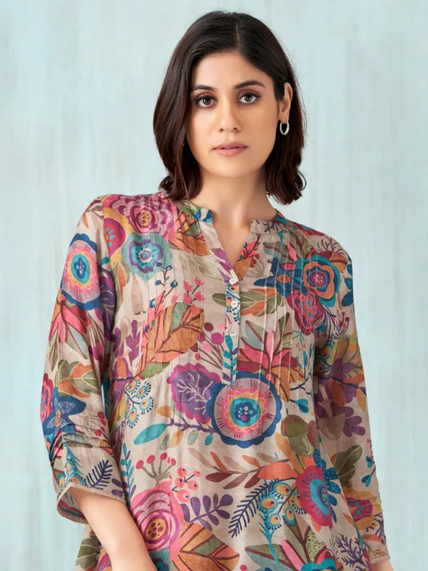 Printed beige cotton silk top for women