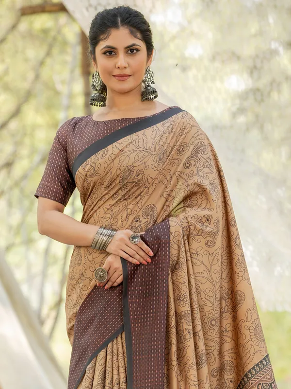 Printed beige kozi silk saree
