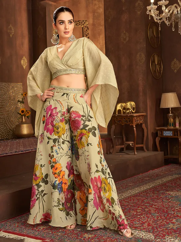 Printed beige silk palazzo suit