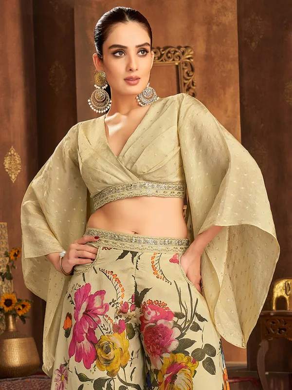 Printed beige silk palazzo suit