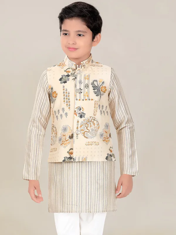 Printed beige silk waistcoat set for boys