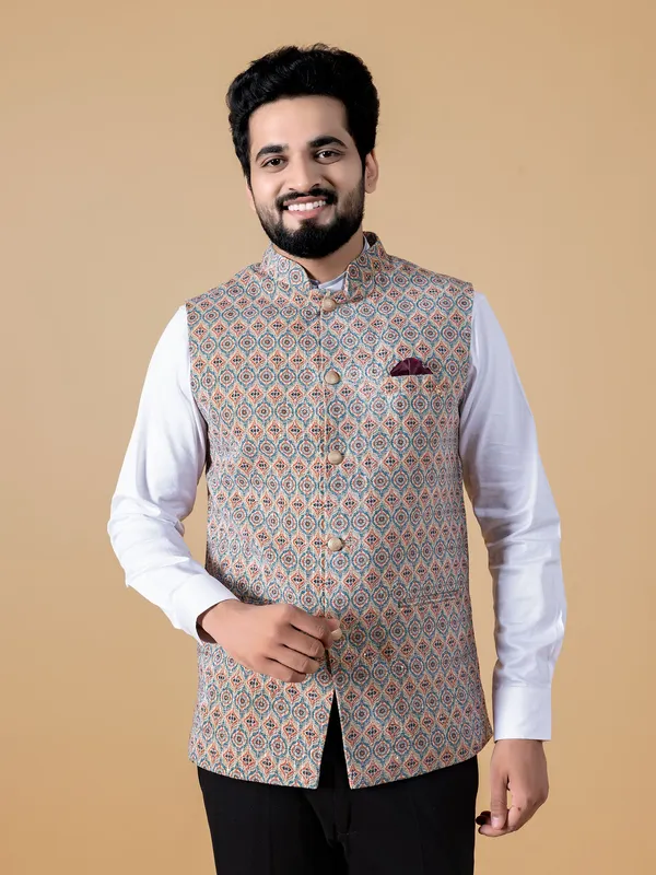 Printed beige waistcoat in silk