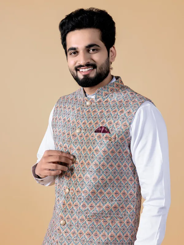 Printed beige waistcoat in silk