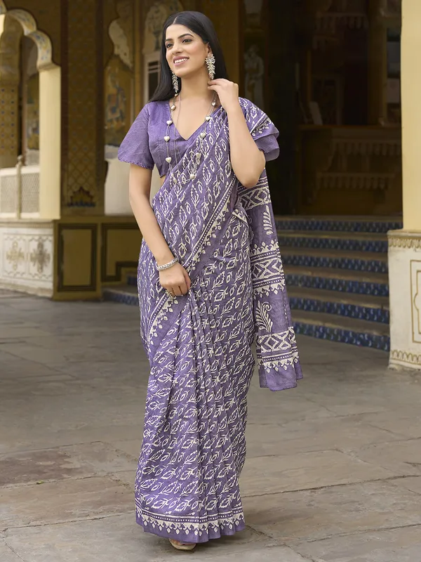 Printed bhagalpuri silk purple saree