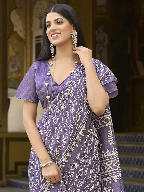 Printed bhagalpuri silk purple saree