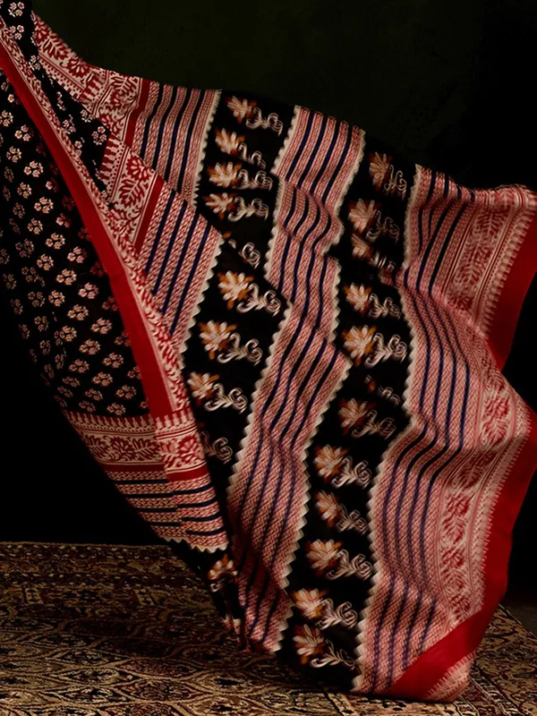 Printed bhagalpuri silk saree in black and maroon