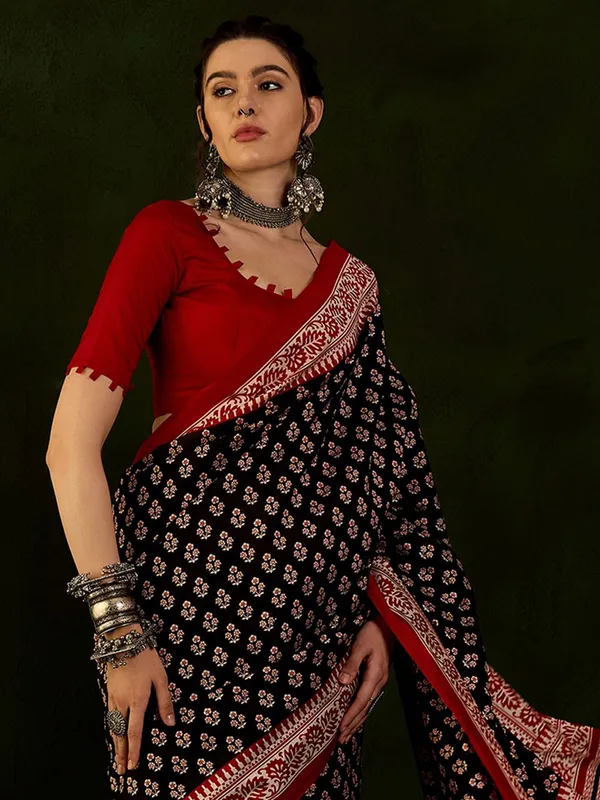 Printed bhagalpuri silk saree in black and maroon