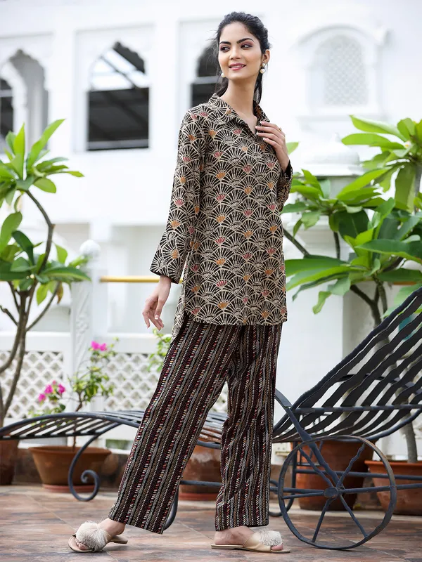 Printed black rayon cotton co ord set for casual