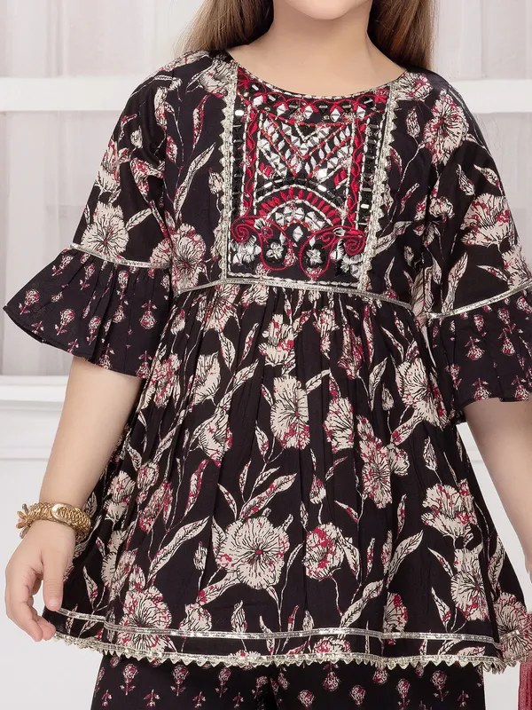 Printed black cotton sharara salwar suit