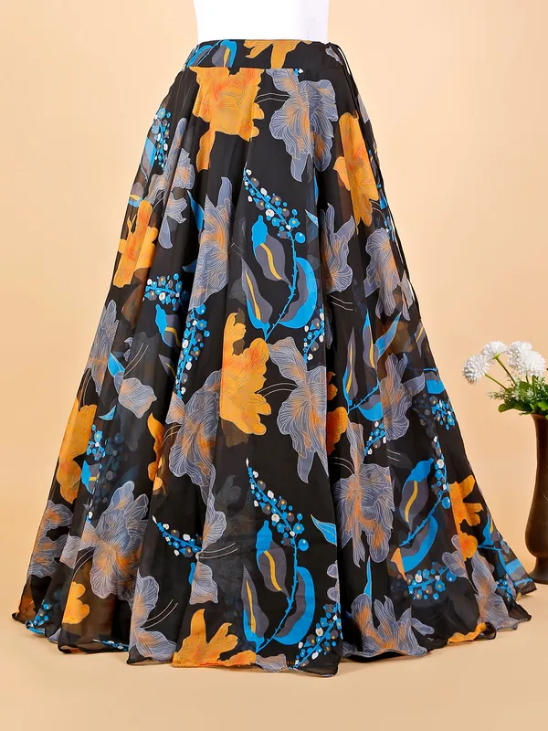 Printed black oragnza reception lehenga choli
