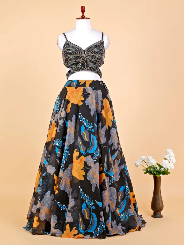 Printed black oragnza reception lehenga choli