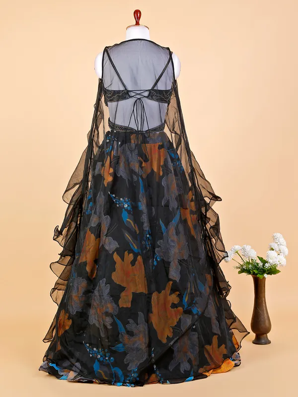 Printed black oragnza reception lehenga choli
