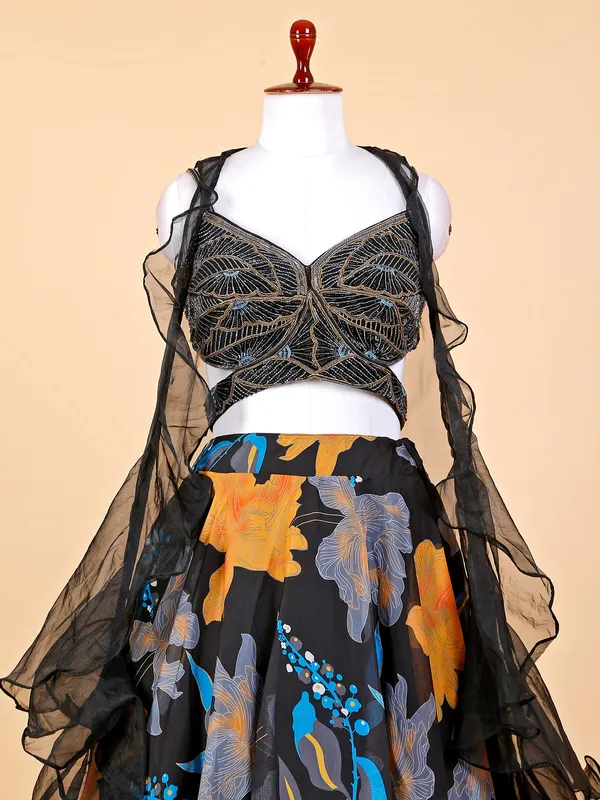 Printed black oragnza reception lehenga choli