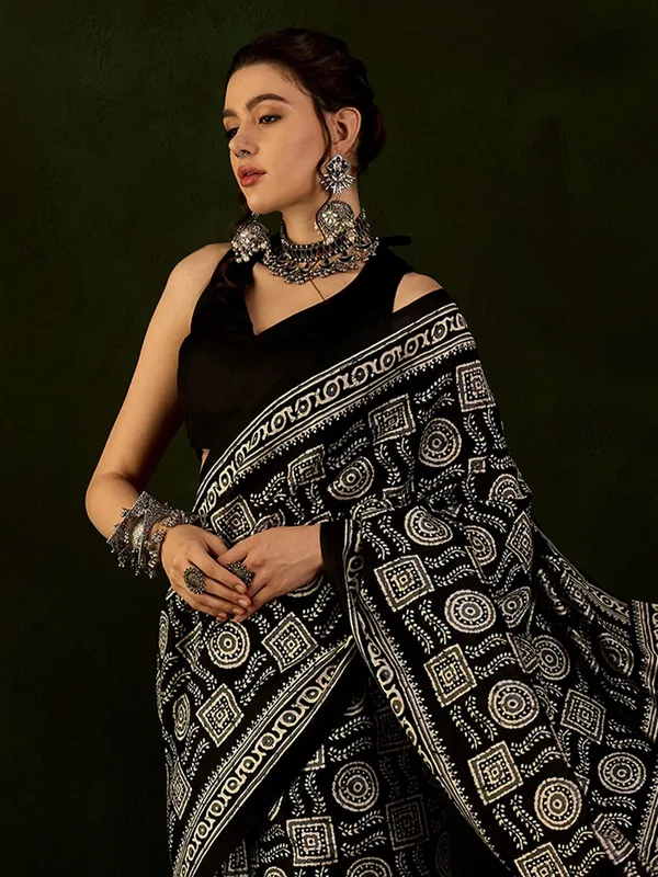 Printed black saree in bhagalpuri silk
