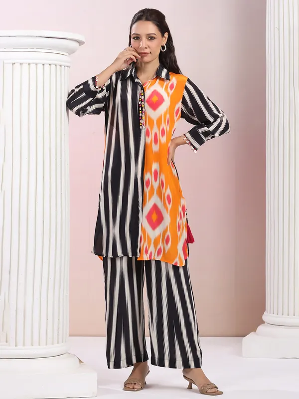 Printed black satin silk kurti set