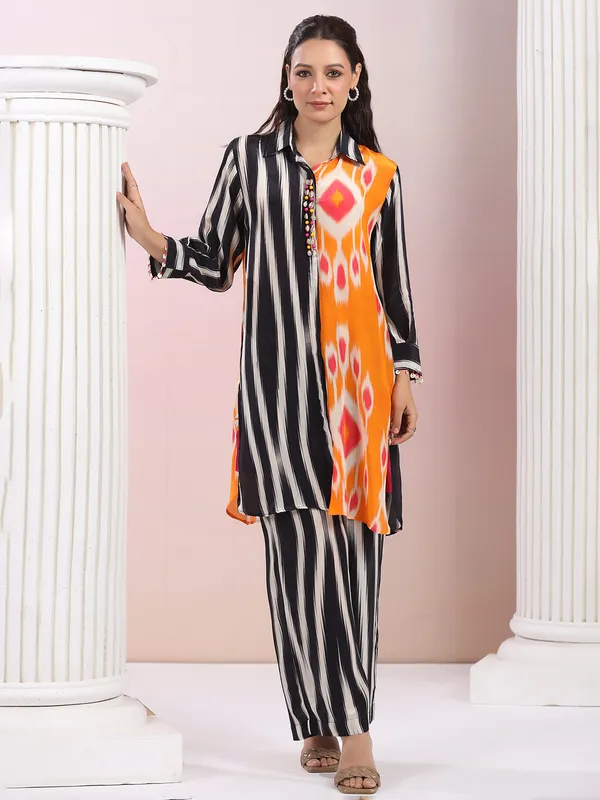 Printed black satin silk kurti set