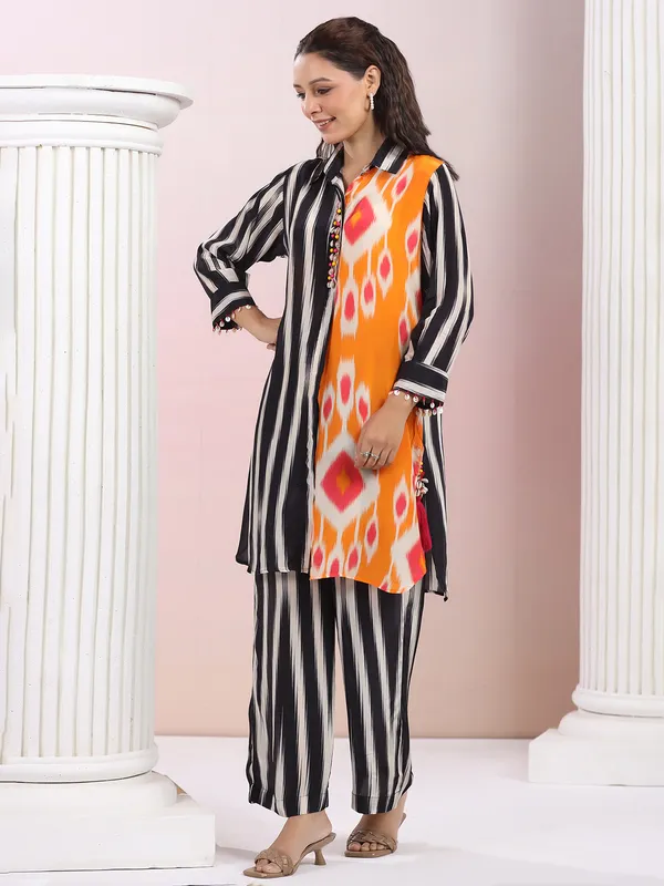 Printed black satin silk kurti set