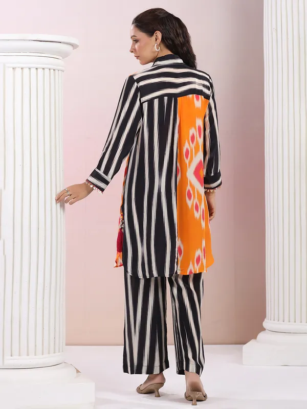 Printed black satin silk kurti set