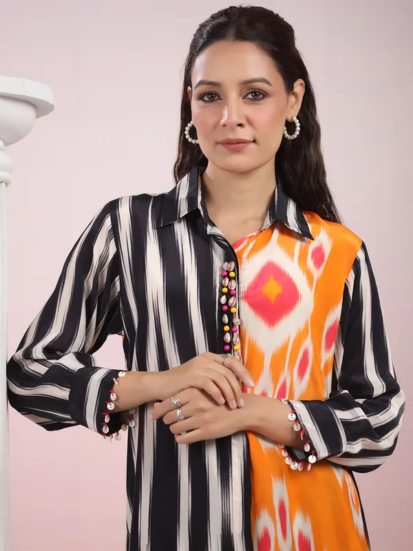 Printed black satin silk kurti set