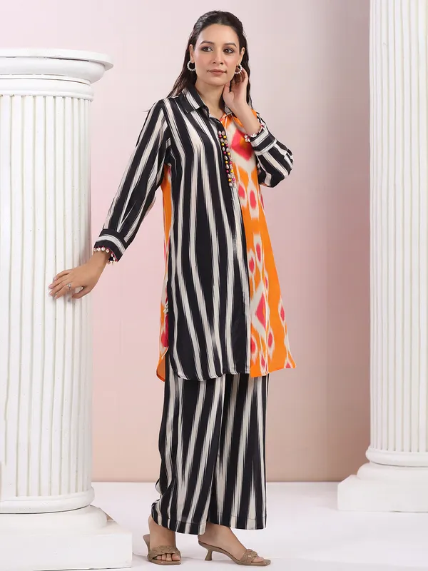 Printed black satin silk kurti set