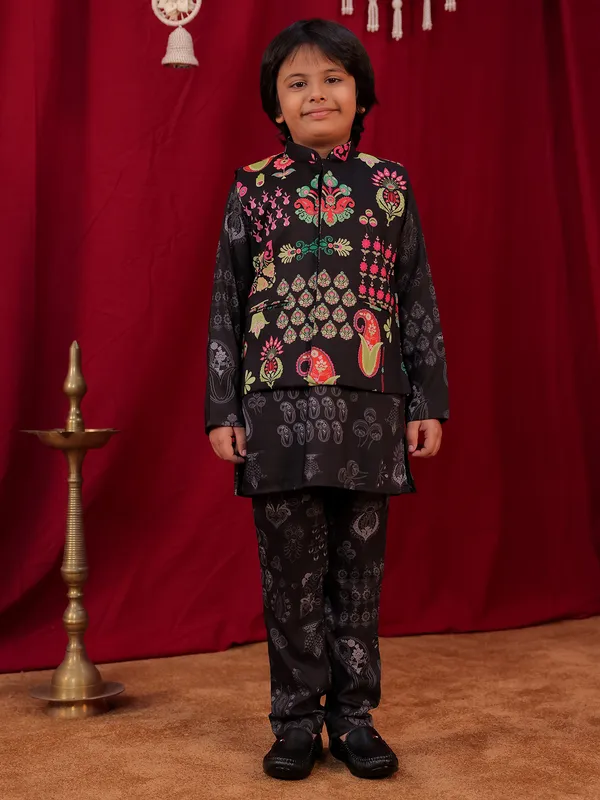 Printed black silk festive wear waistcoat set for boys