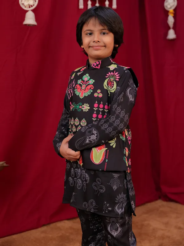 Printed black silk festive wear waistcoat set for boys