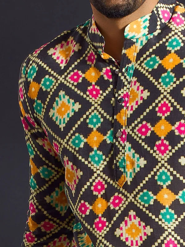 Printed black silk kurta for festive