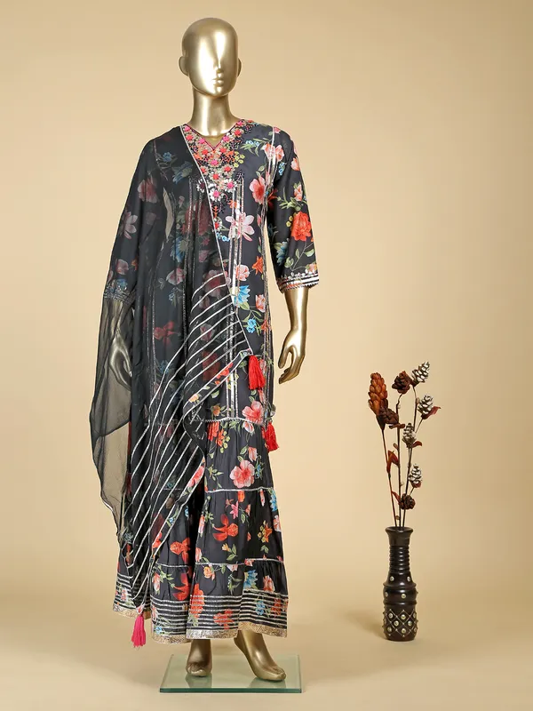 Printed black silk sharara suit