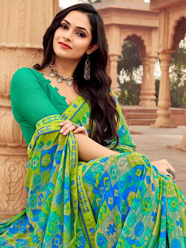 Printed blue and green chiffon saree