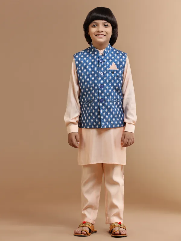 Printed blue and peach silk waistcoat set
