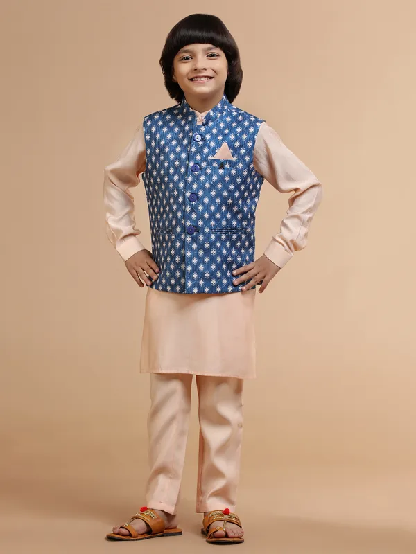 Printed blue and peach silk waistcoat set